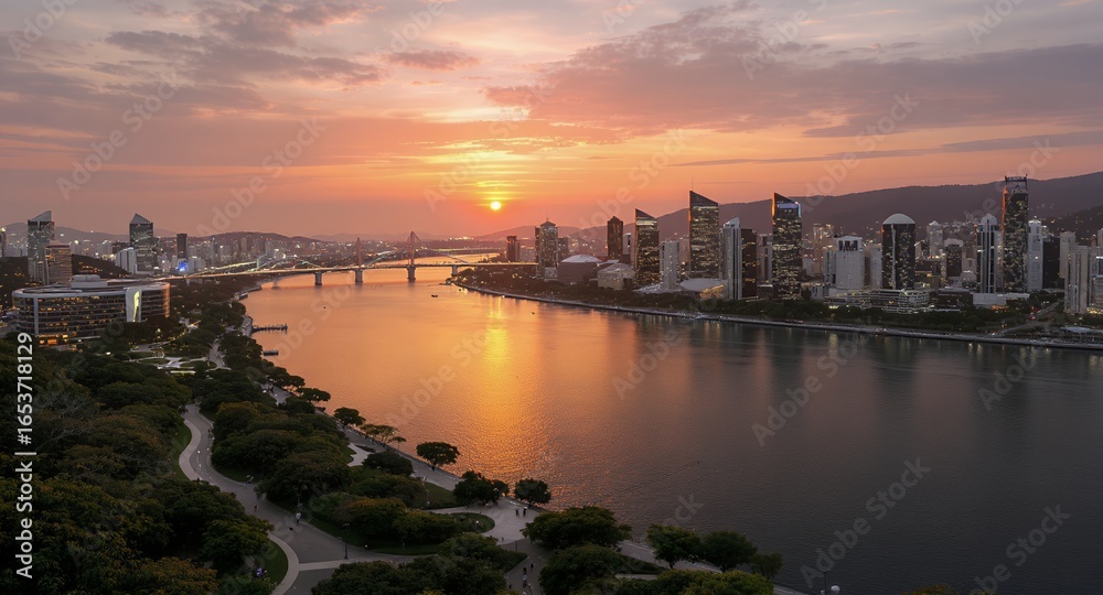 Fototapeta premium Stunning Sunset Cityscape Riverfront Skyline, Bridges Park