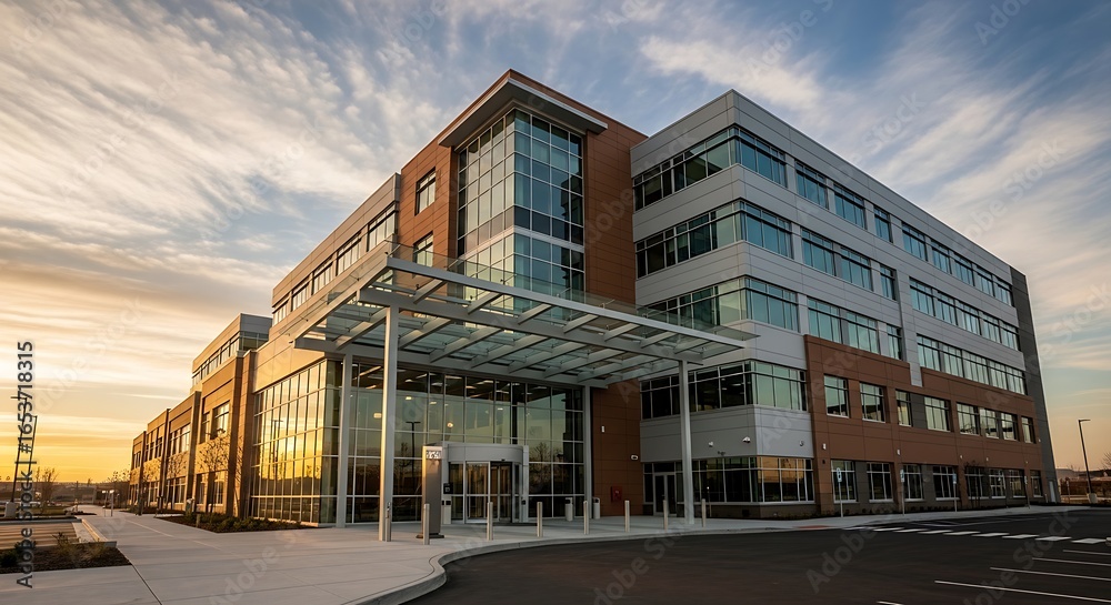 Obraz premium Modern office building with glass facade at sunset