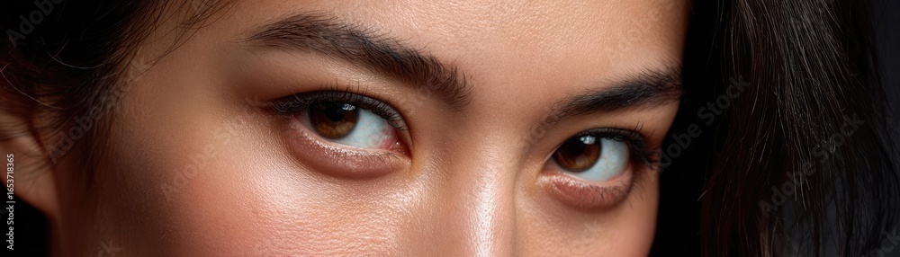 Fototapeta premium Close-up of eye bag on young woman face concept. Close-up portrait highlighting expressive eyes and natural beauty.