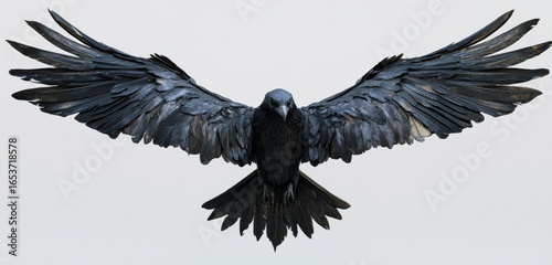 Black raven flying with wide wingspan  
