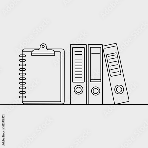 Minimalist Line Art of Office Supplies Featuring a Clipboard and Several Ring Binders for Organizing Documents and Files