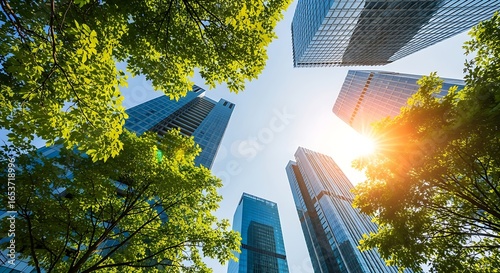 Looking up at modern skyscrapers through green trees