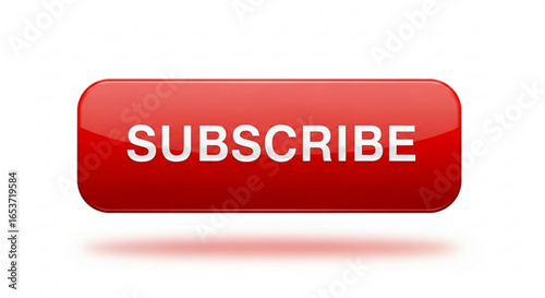Shiny red subscribe button icon, a glossy 3D vector style web element for call to action, isolated on a white background.