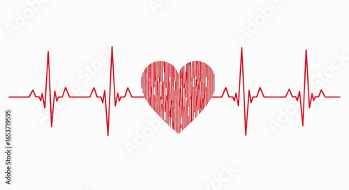 Dynamic red heartbeat line illustration with a central heart, symbolizing human pulse, vital signs, and good health. This medical graphic represents the continuous rhythm of life.