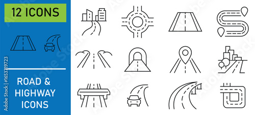 City road and highway vector icons. Road overpass crossroad roundabout flat line circle icon collection. Highway top view. Circle and curve roadway parts. Vector illustration
