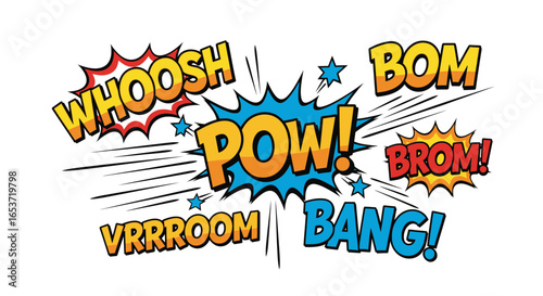 Dynamic comic book styled sound effect elements featuring onomatopoeia like 'whoosh', 'pow', 'bang', and 'vrrrroom', capturing vibrant energy and retro pop art aesthetic in vivid colors