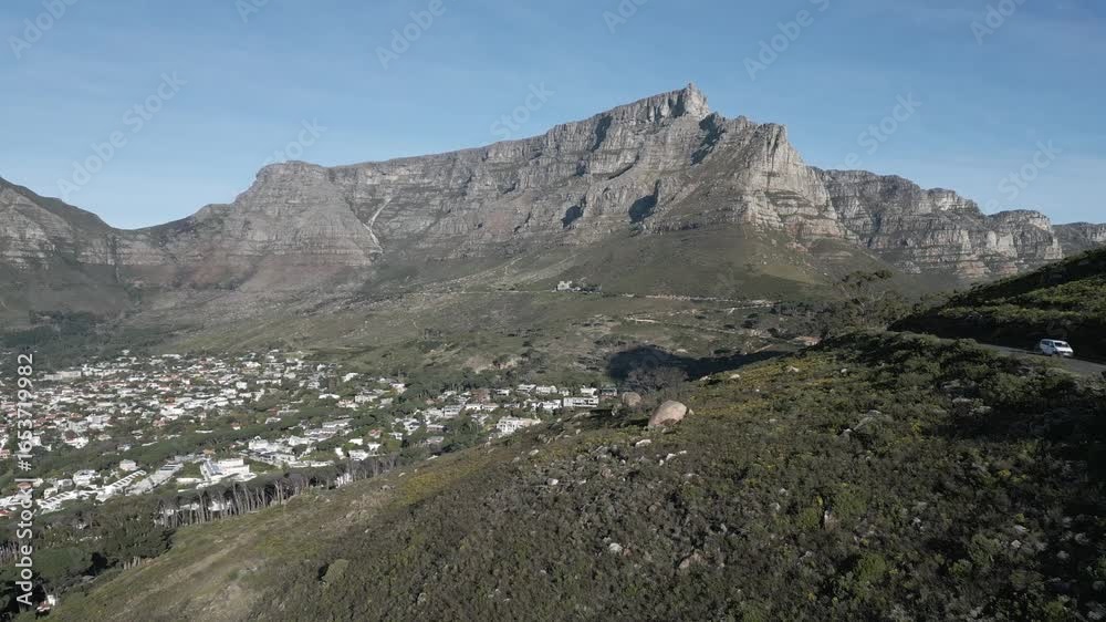 Drone shot of Cape Town's Table Mountain on a sunny day. Drone shot of Cape Town's Table Mountain on a sunny day.