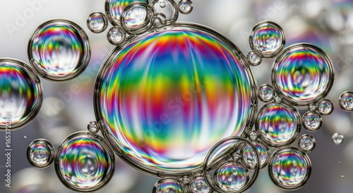Iridescent Soap Bubbles Cluster with Rainbow Reflections and Metallic Rings on Gray Background