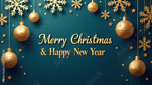 Merry Christmas and Happy New Year Card with Gold Ornaments and Snowflakes on Dark Blue Background