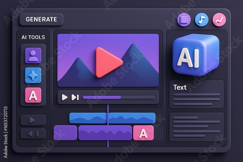 3D video editing interface with AI tools, playback controls, and creative features artificial intelligence tech background