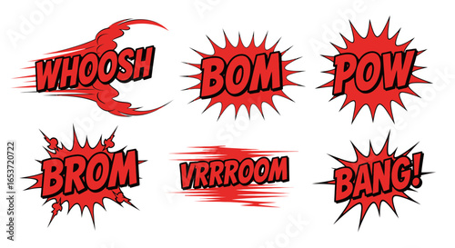 Collection of vibrant comic book sound effects, featuring dynamic illustrations of 'WHOOSH,' 'BOM,' 'POW,' 'BROM,' 'VRRROOM,' and 'BANG' in expressive lettering and starburst shapes showcasing
