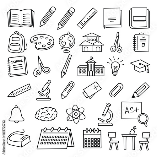 School Supplies and Education Icons Seamless Pattern on White Background Vector Illustration Back to School Concept Creative Line Art Elements for Learning