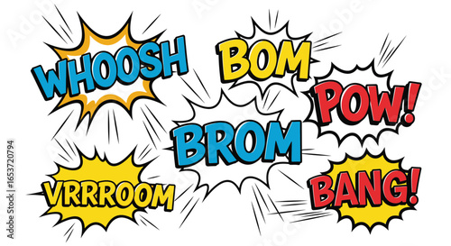 Dynamic Comic Book Style Sound Effects with Bold Typography, Energetic Explosions and Radial Lines for an Authentic Graphic Novel Impression, Perfect for Dynamic Designs