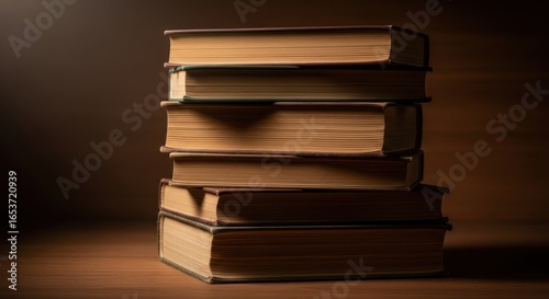 Evocative stack of aged hardback books under warm light ideal for intellectual concepts