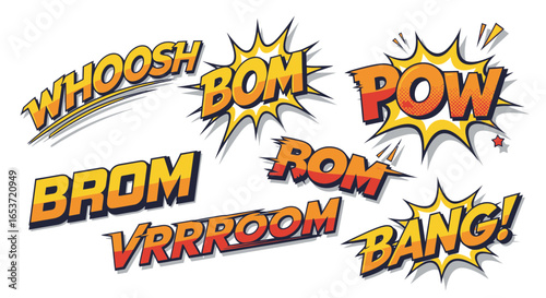 Dynamic cartoon explosions and expressive sound effects set, creating a powerful visual language evoking energy excitement and impact featuring a burst of vibrant colors