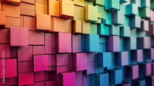 Dynamic Abstract 3D Cubes Wall with Seamless Vibrant Color Gradient Transition.
