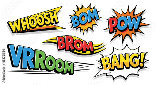 Dynamic set of comic book sound effects bursting with vibrant retro style, perfect for graphic novels and action-packed designs injecting energy and excitement into your projects with bold typography
