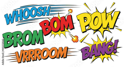 Dynamic collection of vibrant comic book speech bubbles featuring action words like 'Whoosh', 'Bom', 'Pow', and 'Bang', perfect for adding excitement and visual impact to your designs and