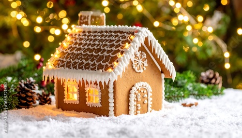 Gingerbread house in snow, lights