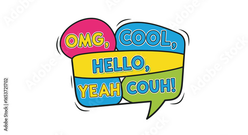 Colorful expressive speech bubbles bursting with vibrant words conveying modern and youthful feelings with clean lines and a playful aesthetic that captures everyday conversations