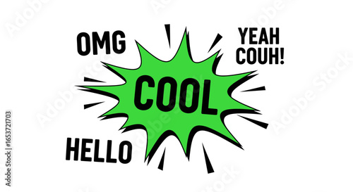 Dynamic graphic conveying enthusiastic and fashionable approval with a vibrant green burst framing the word "COOL" amidst interjections, suitable for youthful marketing and social media buzz
