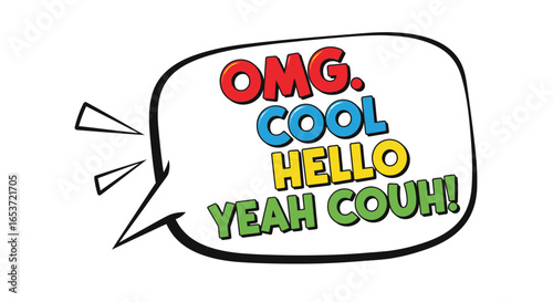 A vibrant vector illustration showcasing a retro comic book speech bubble with bold, colorful text, reminiscent of classic pop art exclamations and expressions for design and fun graphics