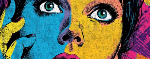 Under eye swelling concept. Vibrant pop art of a person showcasing unique emotions and colors.