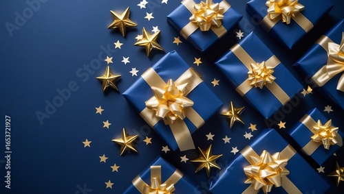 Elegant Blue Gift Boxes with Gold Ribbons, Festive Stars on Dark Background, Holiday Celebration - AI-Generated