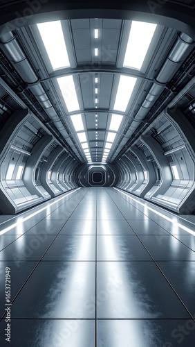 Futuristic corridor interior, gleaming metal and light