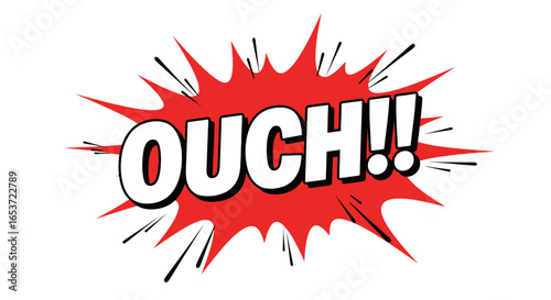 Vibrant comic book style vector art depicting the onomatopoeic expression 'ouch', radiating with dynamism against a crisp white backdrop symbolizing pain and injury in a visually arresting manner