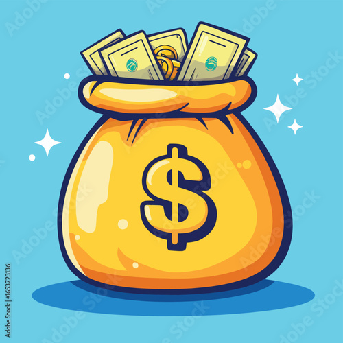 Vector illustration of money bag with dollar sign, cash bills, and gold coins - money, bag, vector, cash, coins, dollar, wealth, finance, savings, currency