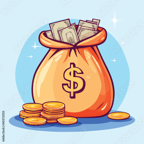 Vector illustration of money bag with dollar sign, cash bills, and gold coins - money, bag, vector, cash, coins, dollar, wealth, finance, savings, currency