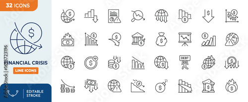 Financial crisis line editable icon set. Containing bankruptcy, debt, financial , downturn, crisis, decrease, and more. Editable stroke. Vector illustration