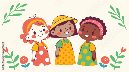 Smiling multiethnic girls wear polka dot dresses and stand together on a simple floral background