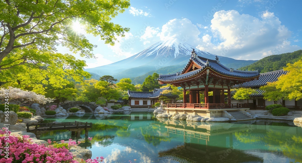 Naklejka premium Serene Asian Garden Landscape Tranquil Pond, Pagoda, Mountain View