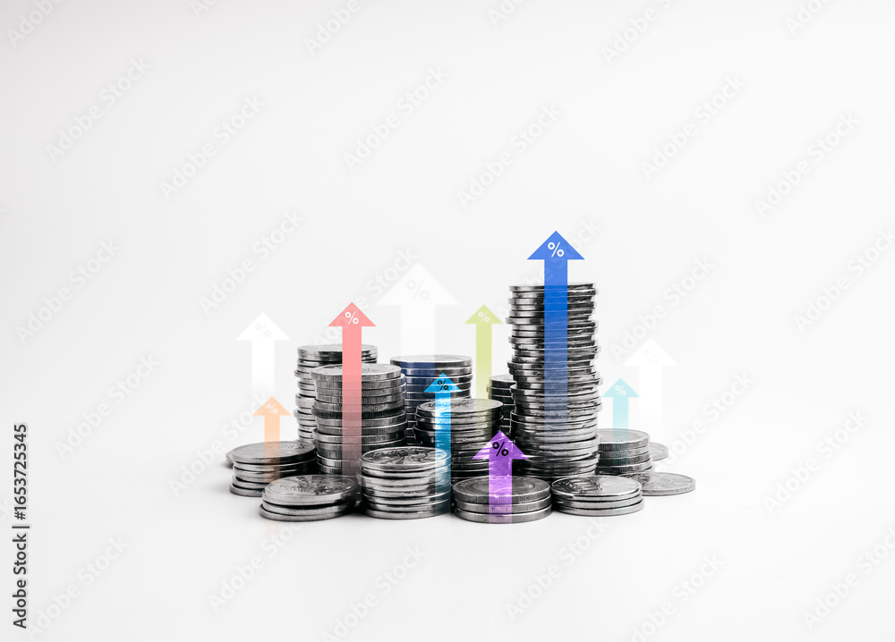 Φωτογραφία Stacks of coins with colorful upward arrows and percentage signs on white background, representing saving money, passive income, business growth, investment return, interest rate, financial success
