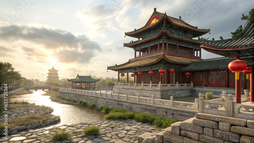 Ancient chinese pagodas with colorful roofs and river foundations