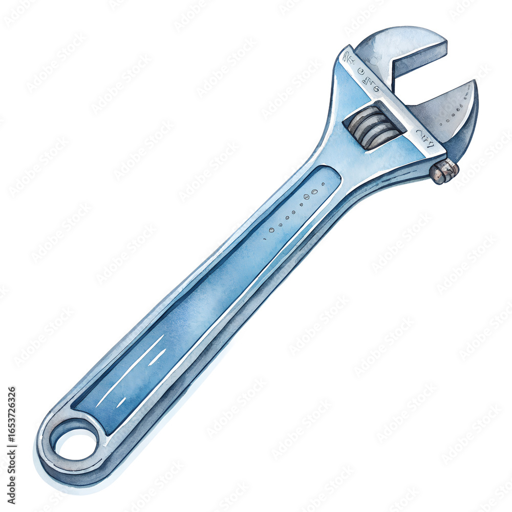Obraz premium Blue watercolor adjustable wrench tool isolated on a transparent background metal