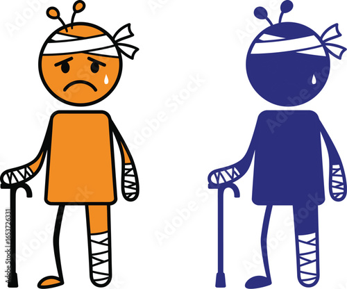 Cartoon injured character with bandages and cane illustration
