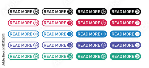 Multicolor Read More Buttons, Labels Collection. Modern Flat and Outline CTA Elements for Websites, Flat, Outline and Filled Elements in Multiple Colors