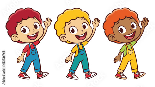 Three happy cartoon boys of varying ethnicities wave cheerfully on a transparent background