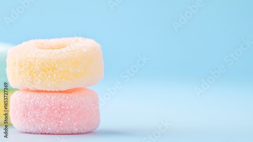 Soft pastel colored marshmallow candies stacked against a light blue background
