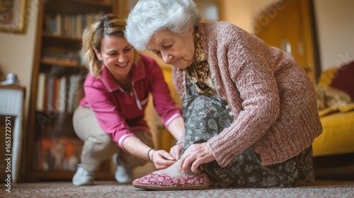 Daughter Helping Elderly Mother with Slippers in Warm Living Room