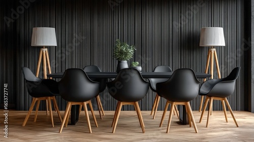 Modern Black Dining Room with Minimalist Wooden Accents and Lighting