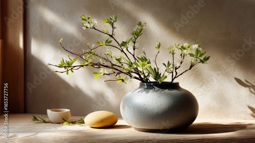 Zen-Inspired Floral Arrangement with Natural Light and Stone Vase