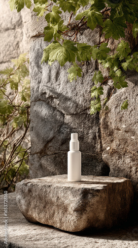 Minimal Spray Bottle on Stone with Natural Botanical Background