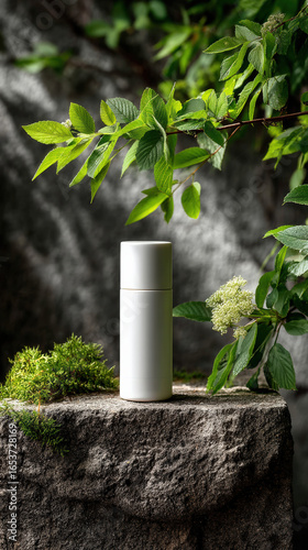 Minimal Spray Bottle on Stone with Natural Botanical Background