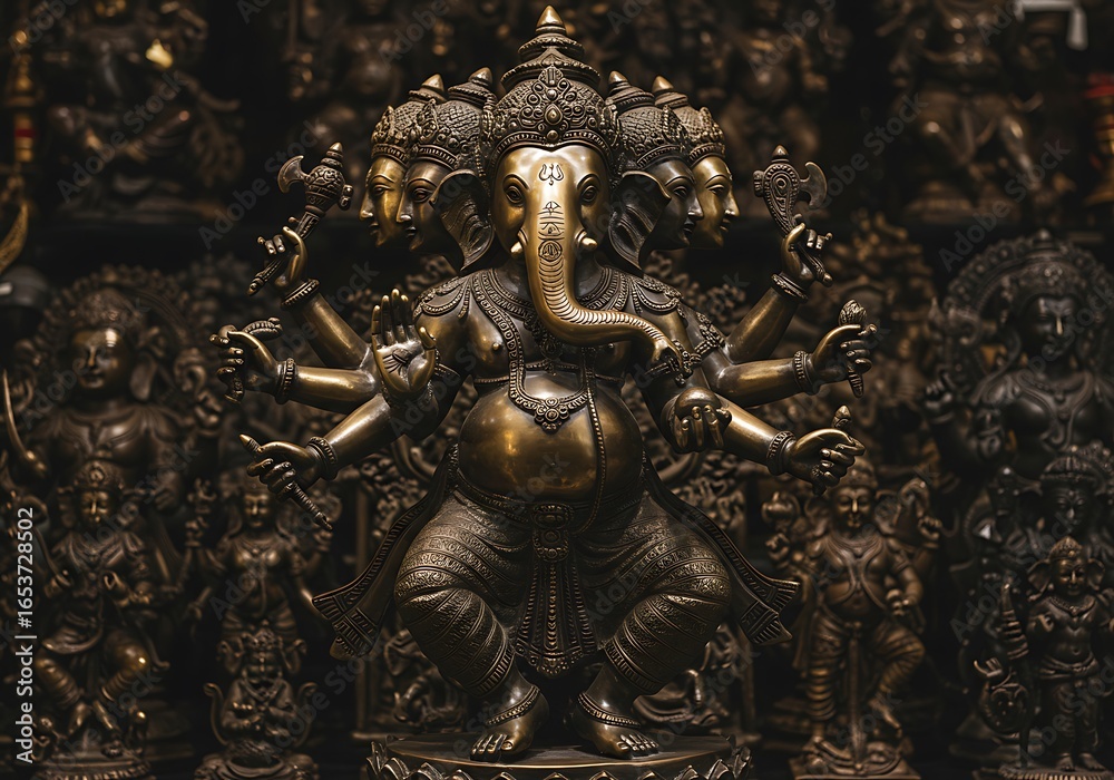 Fototapeta premium Detailed Bronze Statue of Hindu God Ganesha, surrounded by other figures.