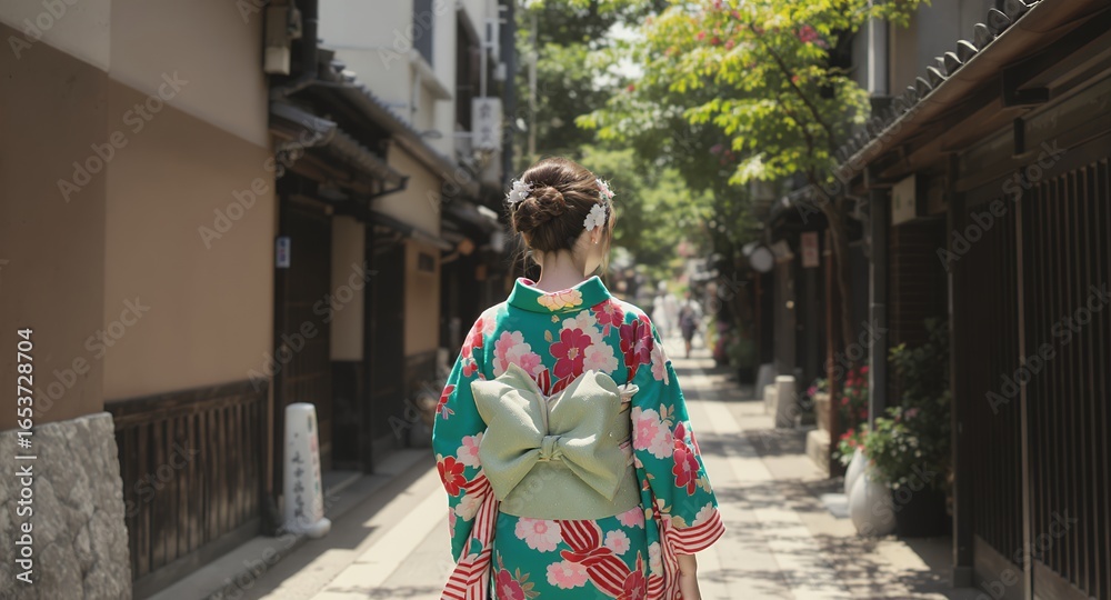 Fototapeta premium Stunning Teal Kimono with Floral Print Experience Traditional Japanese Fashion