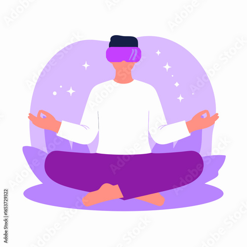 Man in a VR headset meditating in a lotus pose, experiencing virtual mindfulness and relaxation.